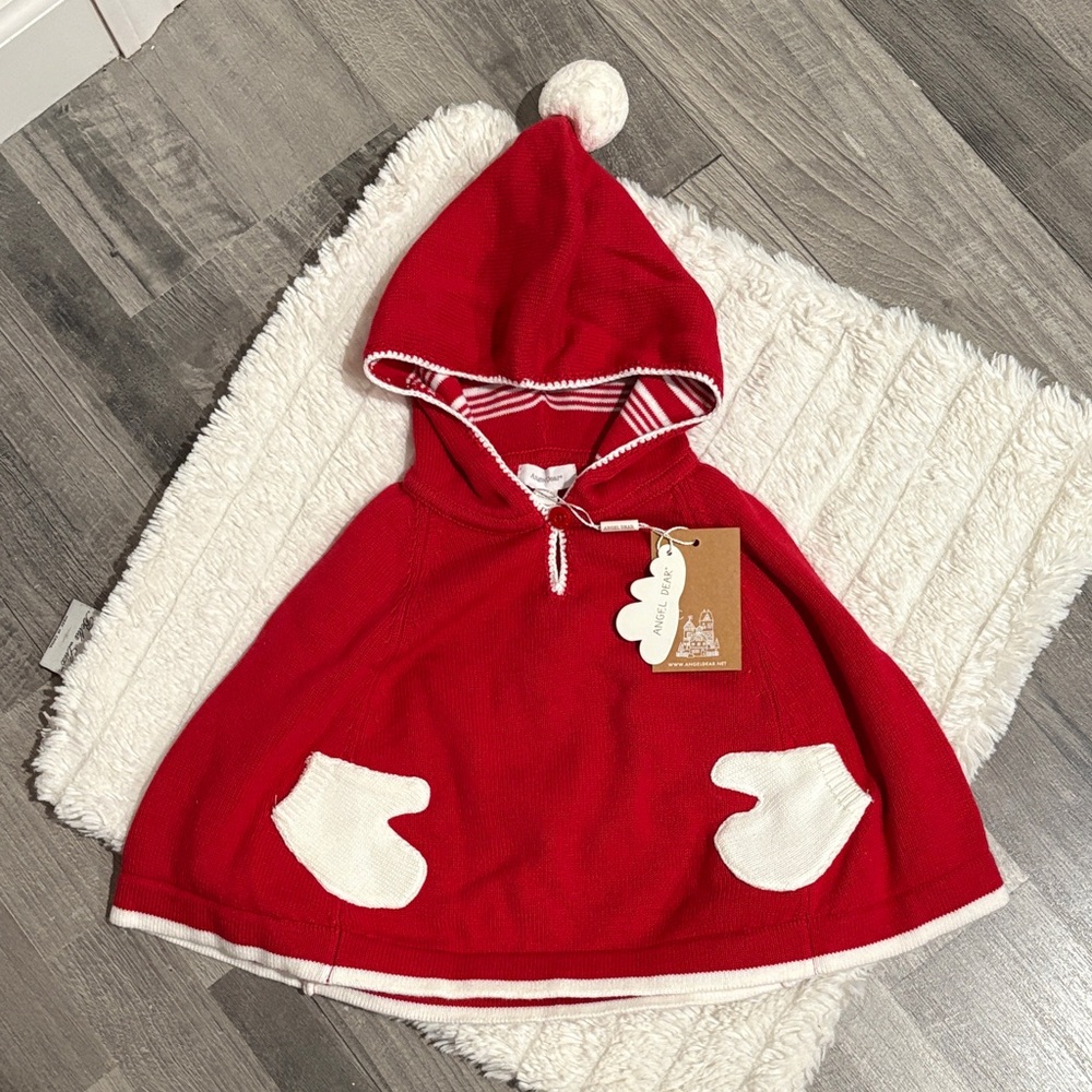NWT - Angel Dear Red Knit Poncho with White Accents